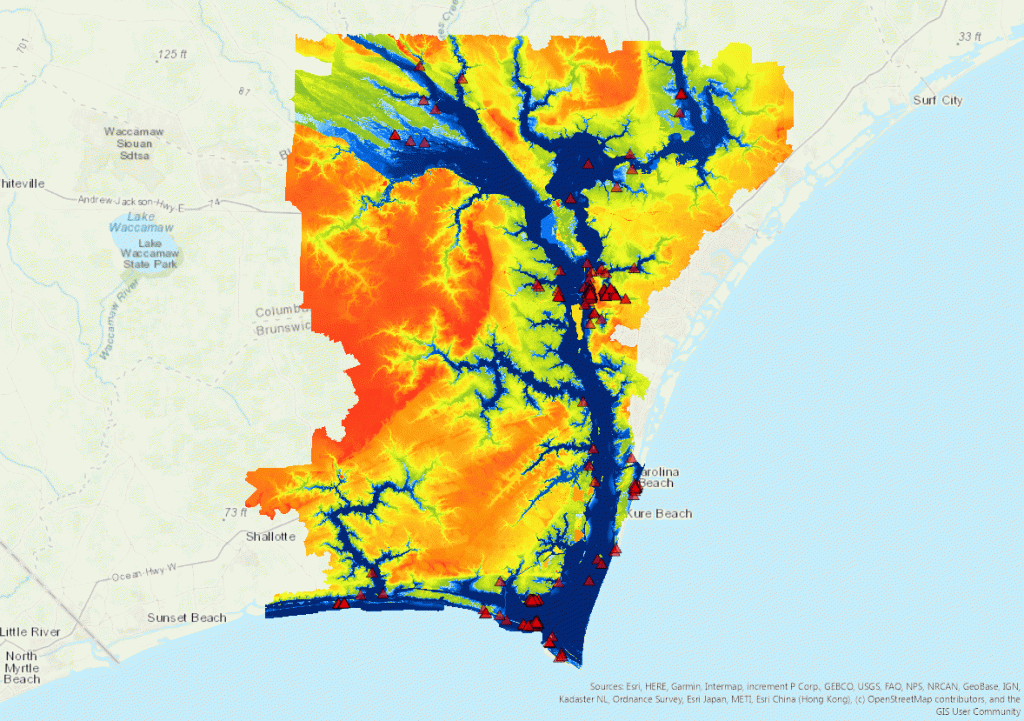 Map representing 50 foot river flooding. Submerged sites are the red triangles